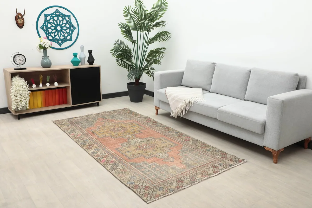 Vintage Anatolian rug displayed in a living room setting with a light gray sofa and plant