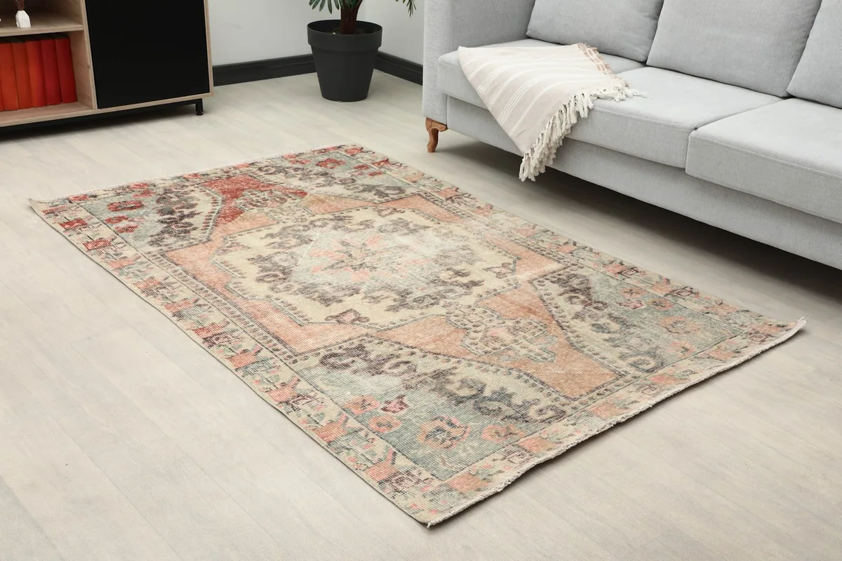 Close-up view of the rug in a living room, highlighting its colors and how it complements the decor