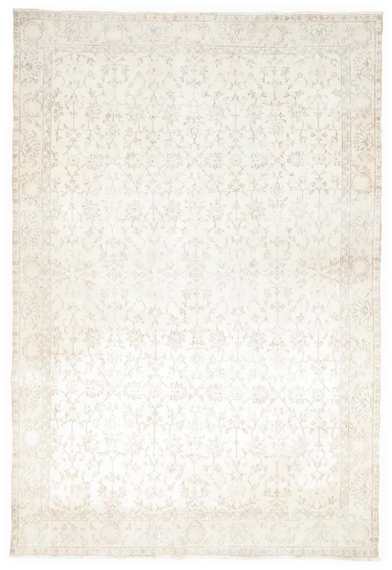 Full top view of the ivory and beige vintage Anatolian area rug