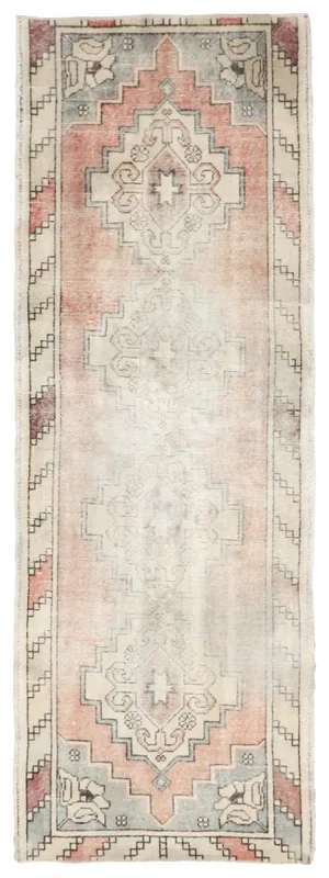Full top view of the 2'11" x 8'6" vintage rose geometric Anatolian runner on a white background.