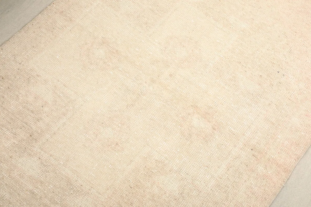 Overhead detail of the beige and rose rug, revealing the very faint geometric patterns.