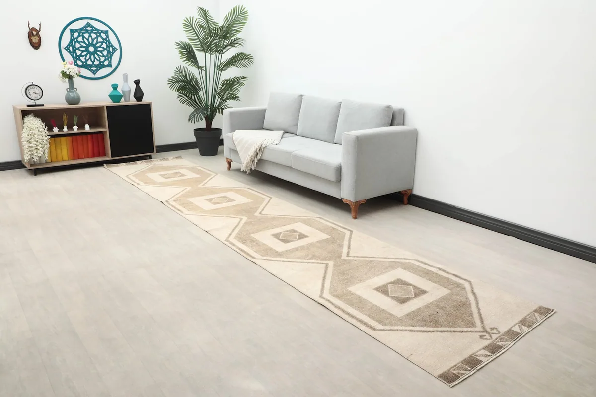 Ivory and tan geometric runner rug enhancing a hallway space with decor.