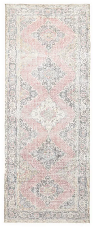 Full overhead view of the 4'11" x 12'11" rose and gray vintage Anatolian runner rug
