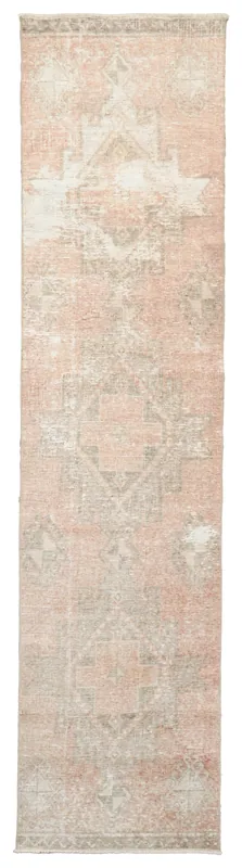 Full top view of the 2'7" x 10'10" rose and gray vintage Anatolian runner rug