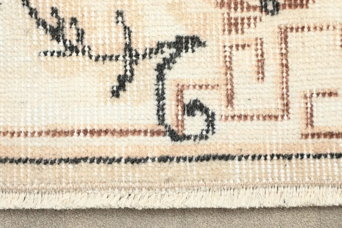 Close-up of the rug's border showing geometric patterns in brown, rust, and black.