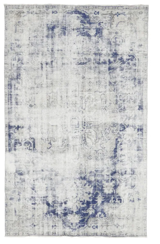 Full top view of the vintage Anatolian rug in navy, gray, and ivory tones