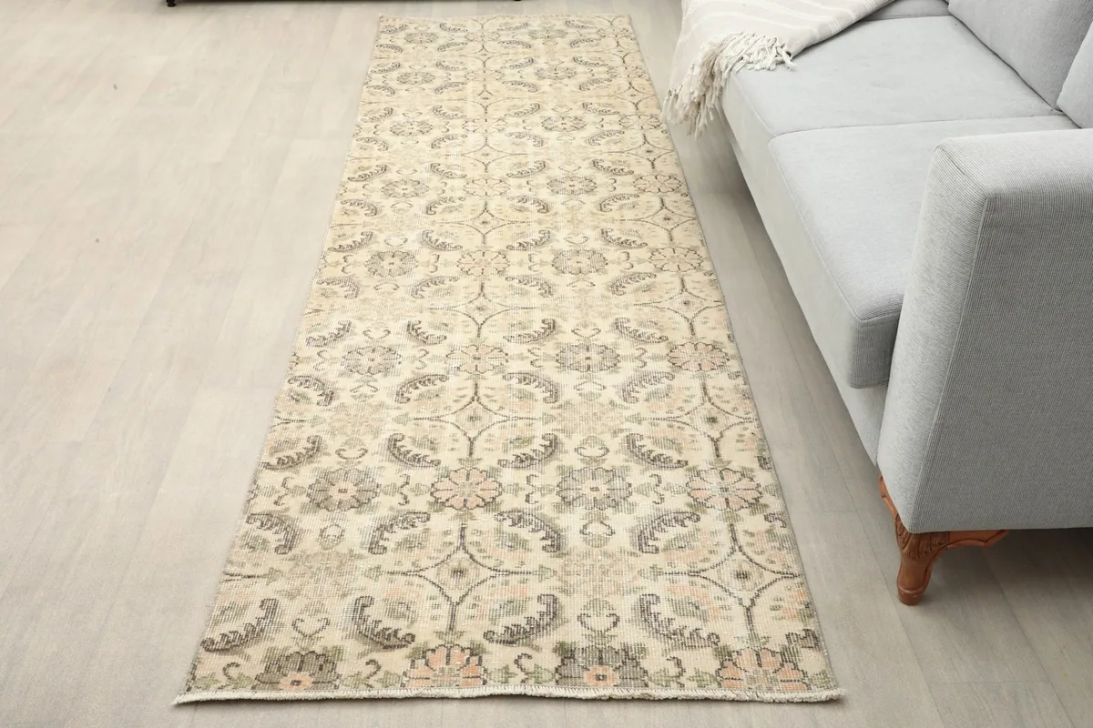 Runner rug in a modern living room setting next to a light gray sofa