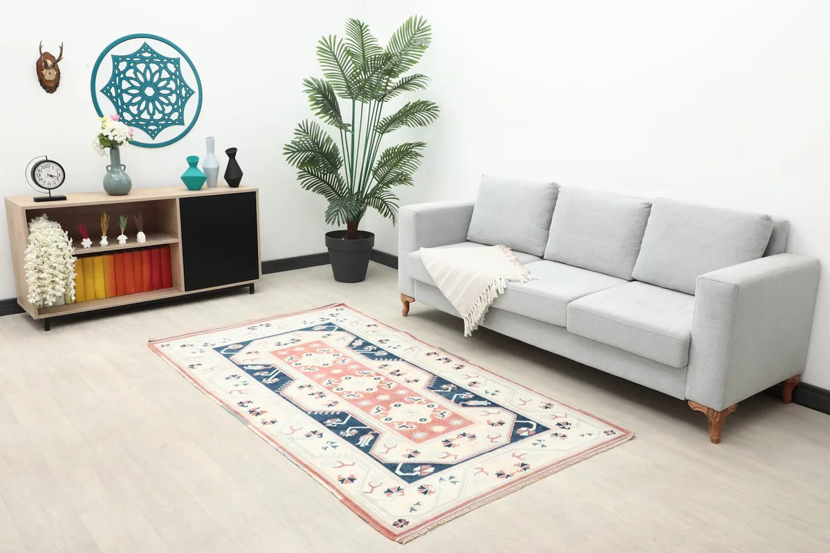 Vintage rug displayed in a living room setting with a gray sofa and plant