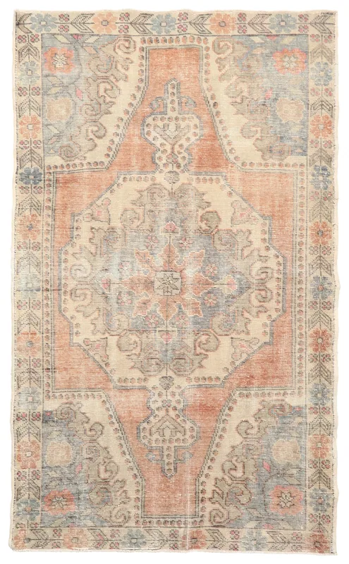 Full top view of the vintage orange and blue Anatolian area rug