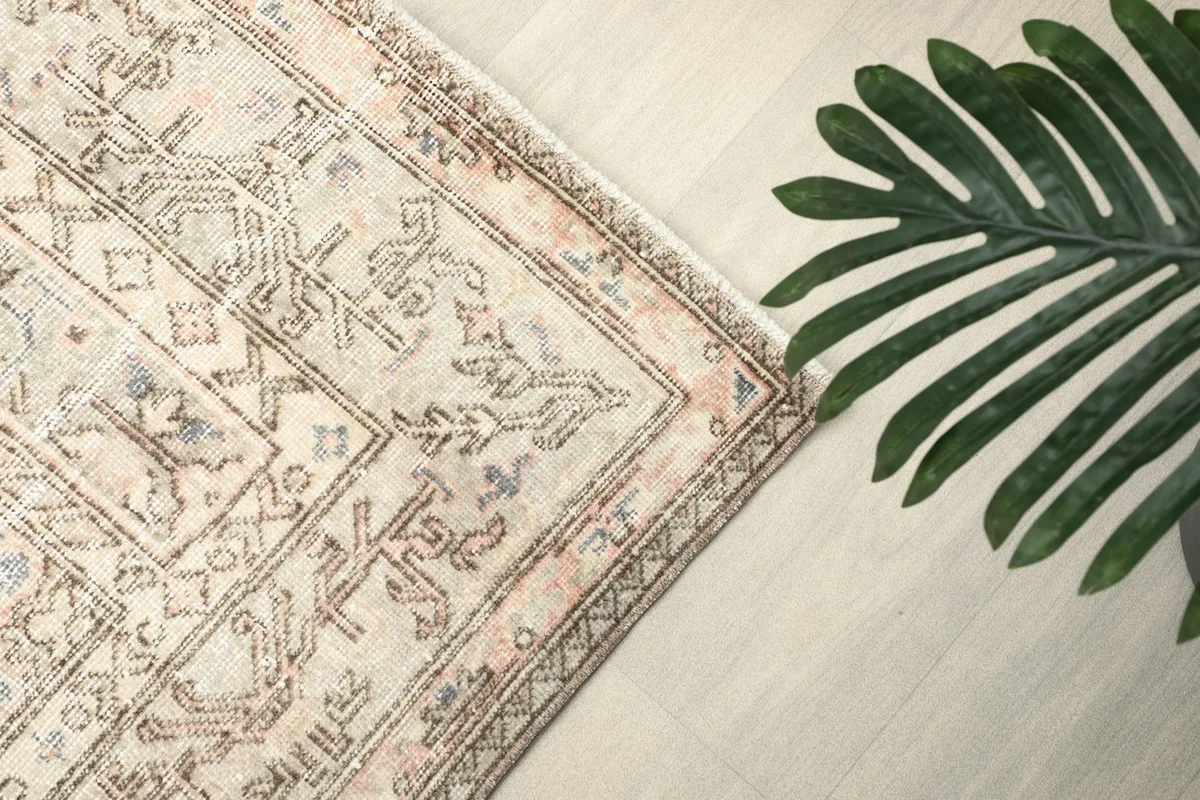 Angled view of a rug corner next to a plant, showcasing border patterns and colors.