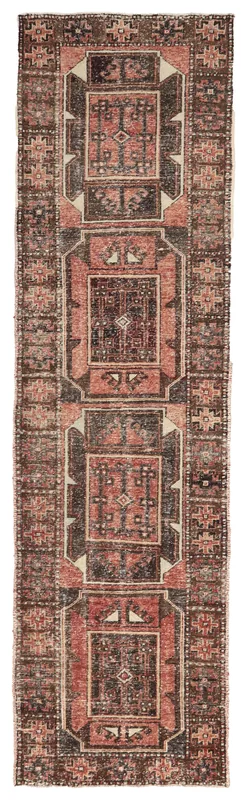Full top view of the 3'0" x 11'1" rust and brown geometric vintage Anatolian runner rug