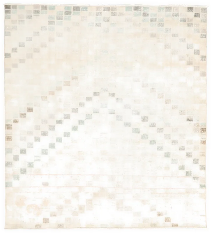 Top-down view of the 6'10" x 7'8" ivory vintage Anatolian rug with geometric gray squares