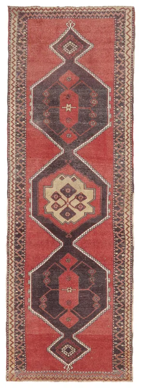 Full top view of the 4x12 red and charcoal geometric vintage Anatolian runner rug on a white background.
