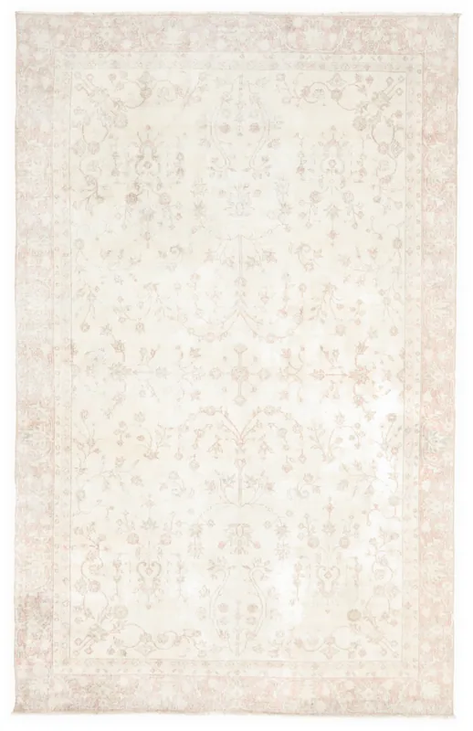 Full top view of the 6'2" x 9'11" ivory and rose vintage Anatolian rug on a white background