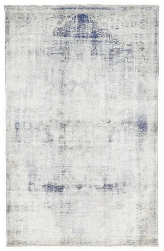 Full top view of the 5'5" x 8'7" ivory and blue vintage Anatolian rug on a white background.