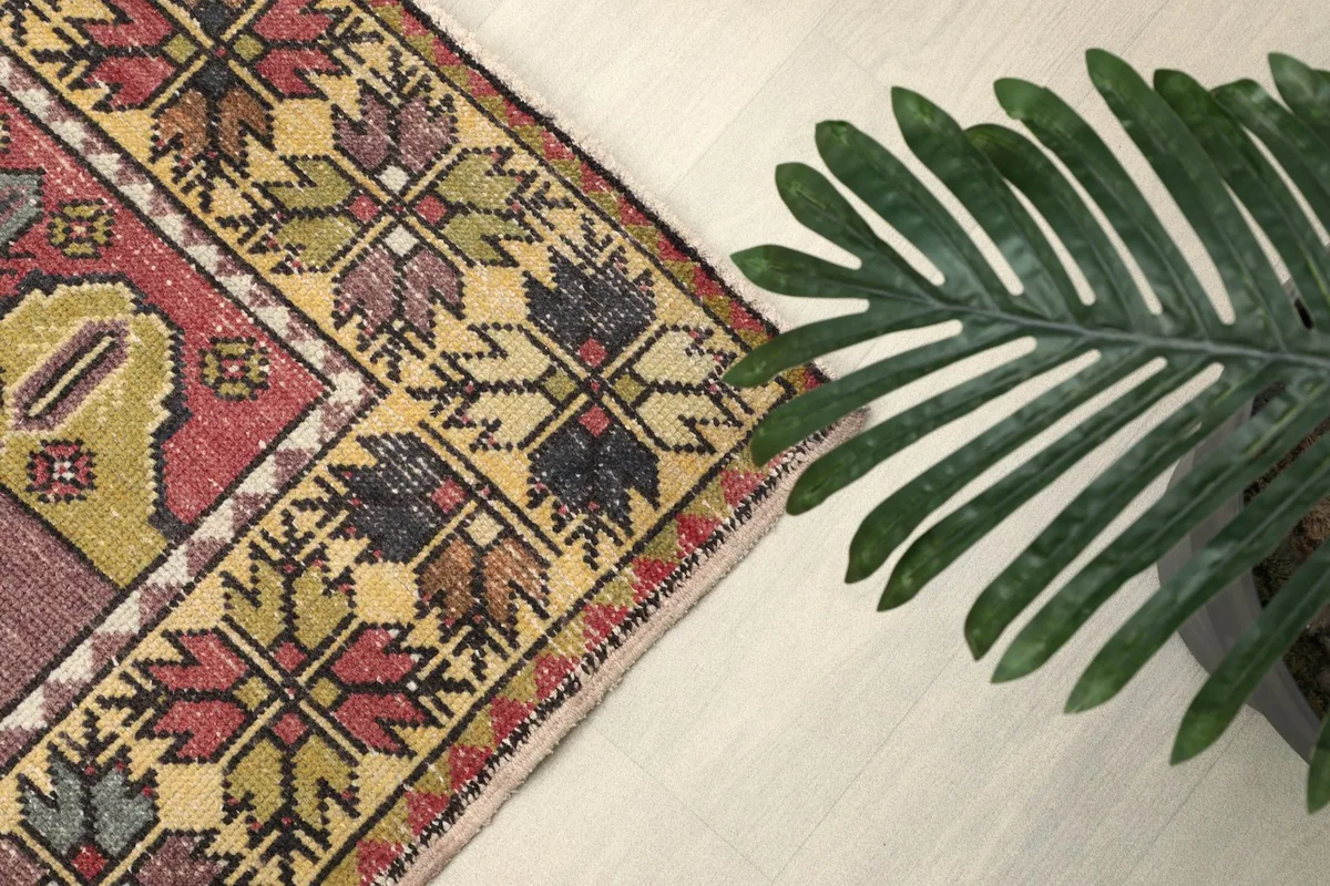 Overhead corner shot of the rug, emphasizing the border design and color variations.
