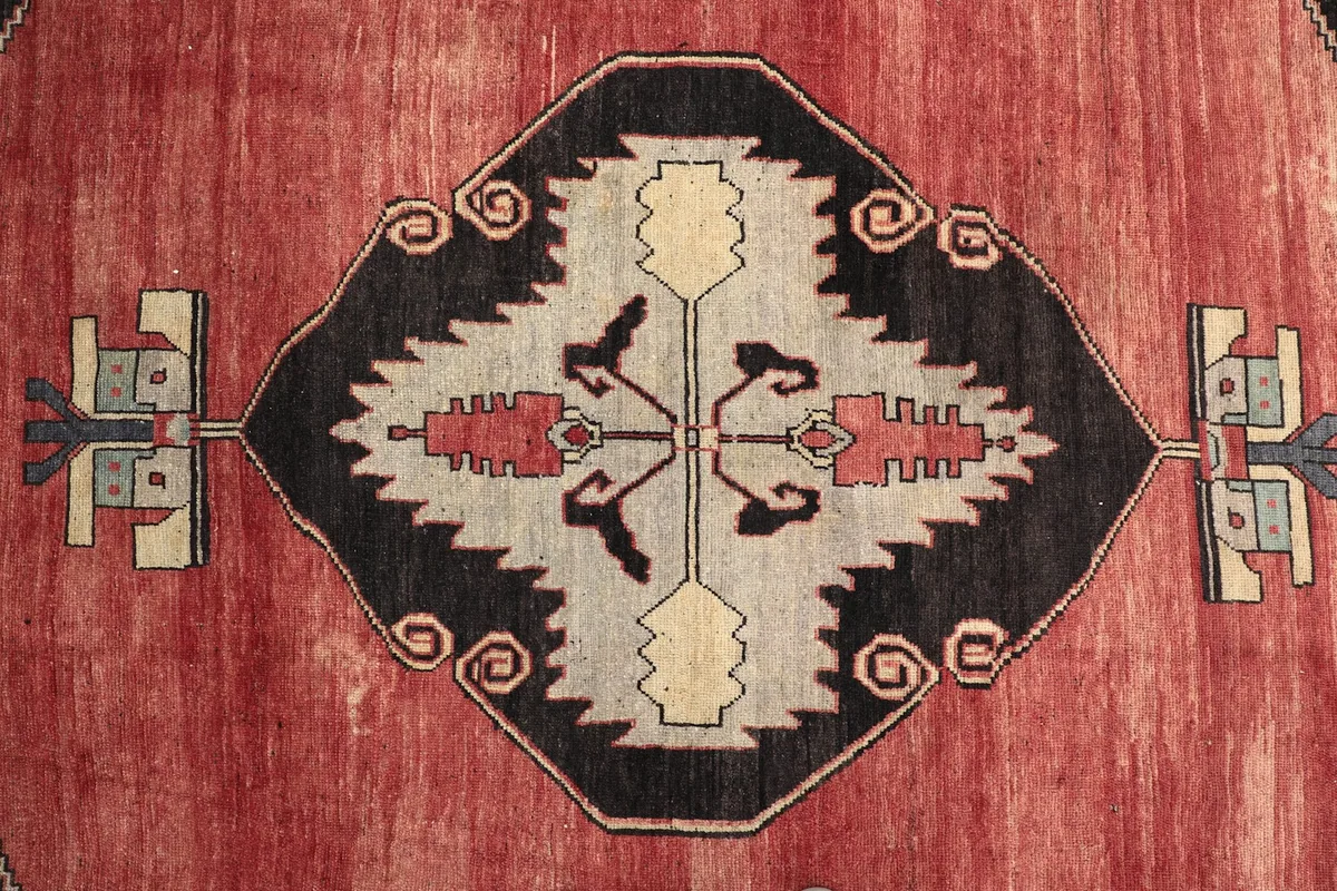 Detailed view of the black and ivory central medallion with red and beige accents