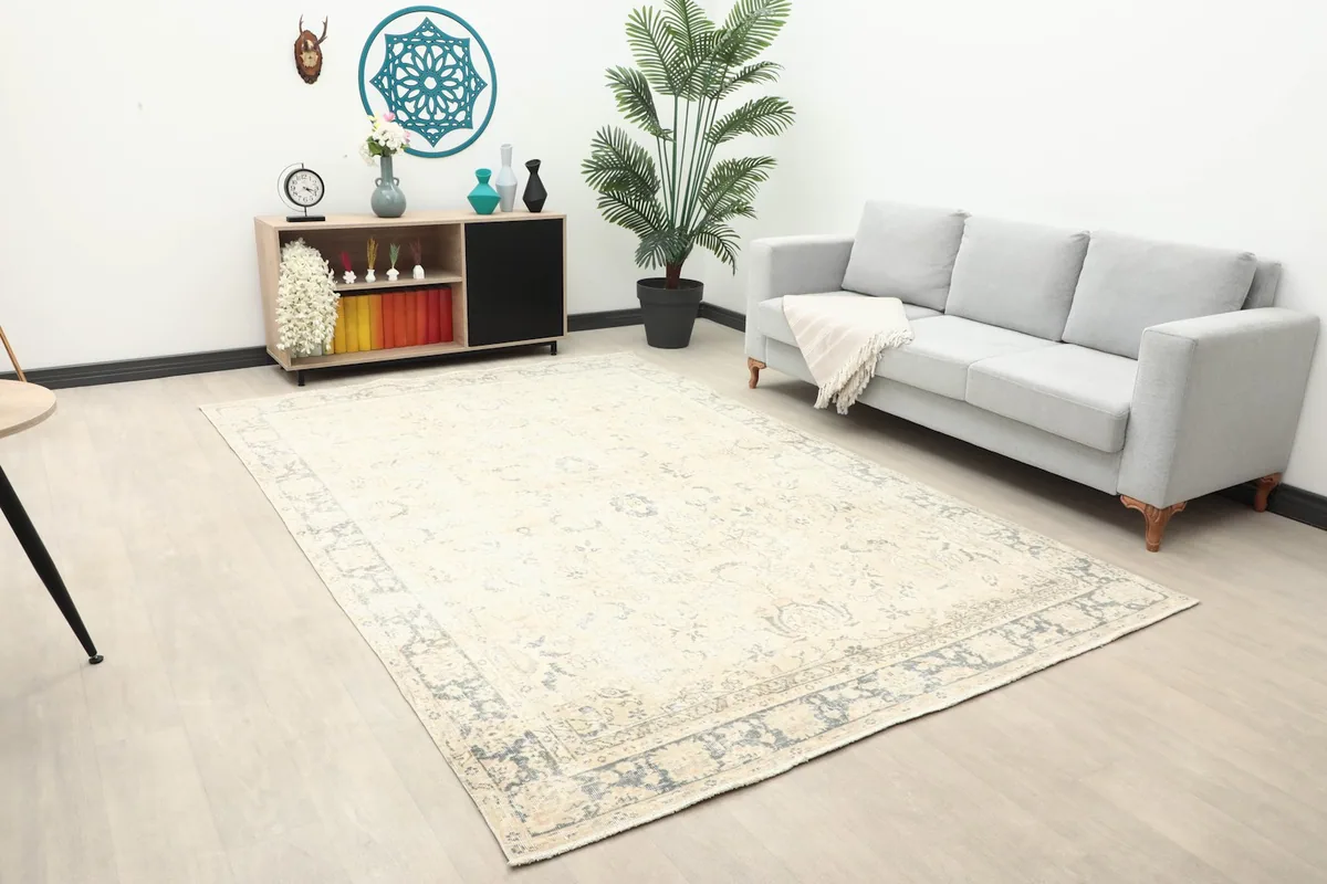 Large ivory and charcoal area rug laid out in a modern living space with light wood flooring
