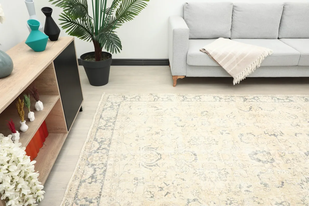 Rug in a living room, showing its scale next to a sofa and cabinet