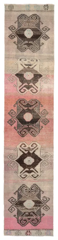 Full overhead view of the 2'9" x 13'3" vintage Anatolian runner rug with rose, gray, and charcoal geometric patterns