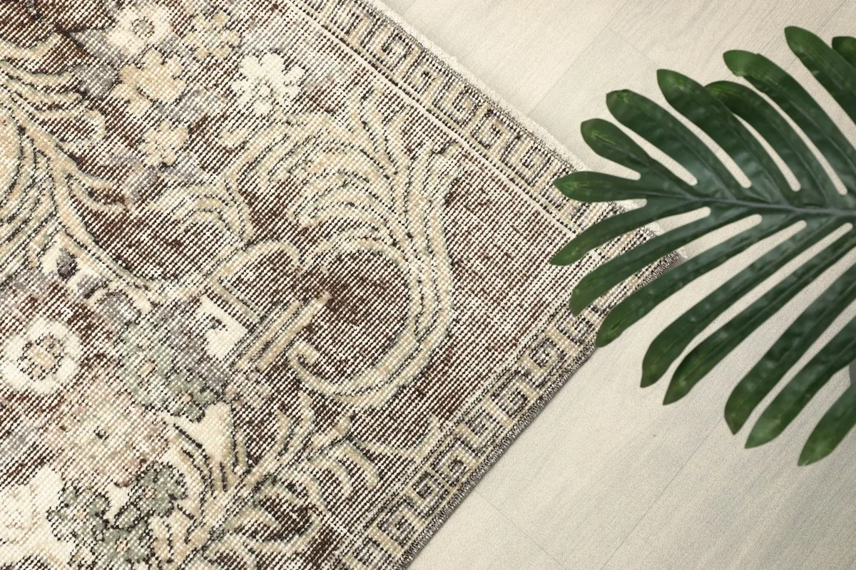 Corner detail of the rug's border and field patterns next to a green plant