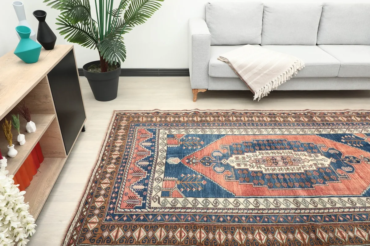 Rug in a room, showing its placement relative to a sofa and cabinet