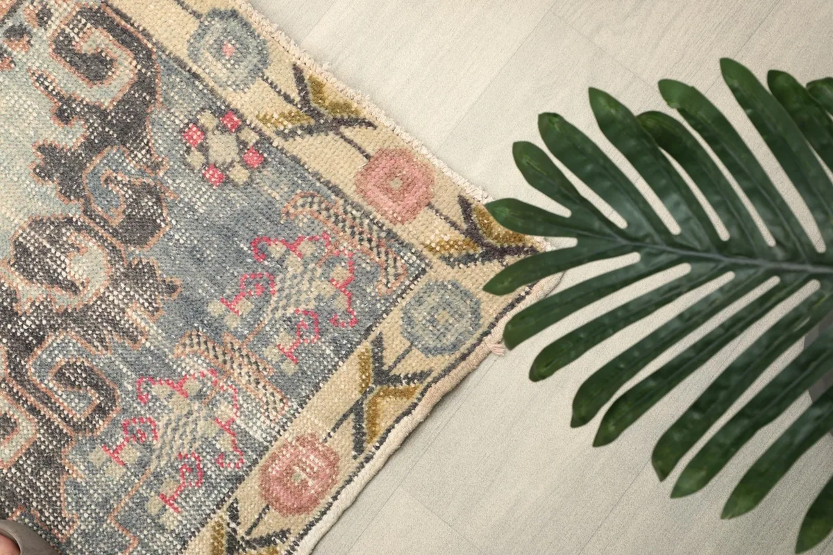 Angled view of the rug's edge and border patterns, with a green plant in the foreground