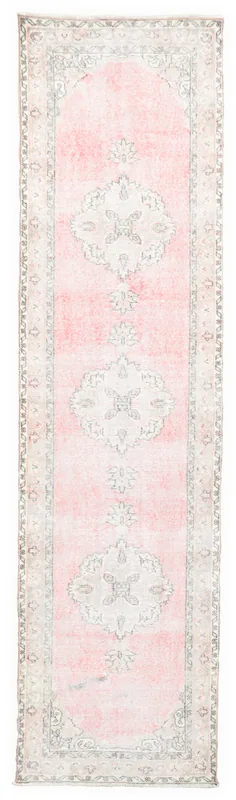 Full top view of the 2'11" x 11'0" vintage Anatolian runner with a soft pink field and ivory-gray medallions