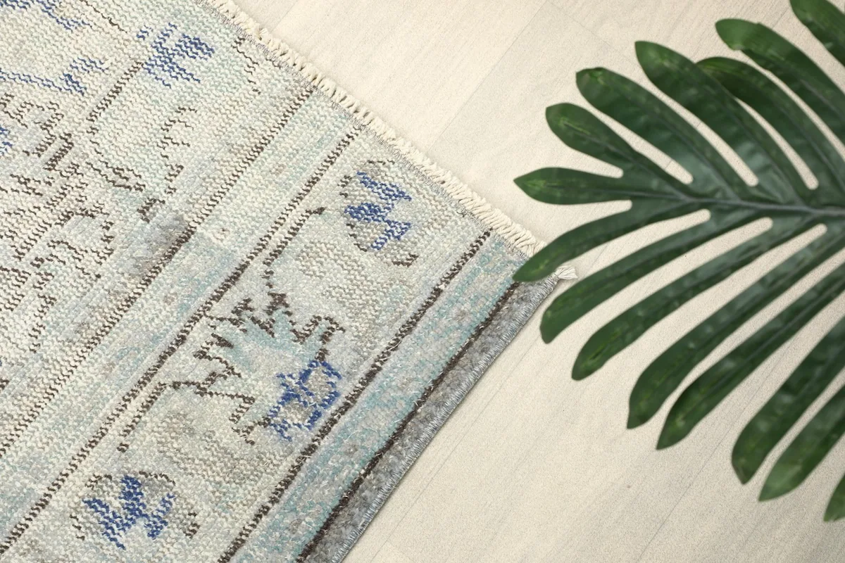Detail of the rug's cream border with faded blue and gray motifs, next to a plant leaf