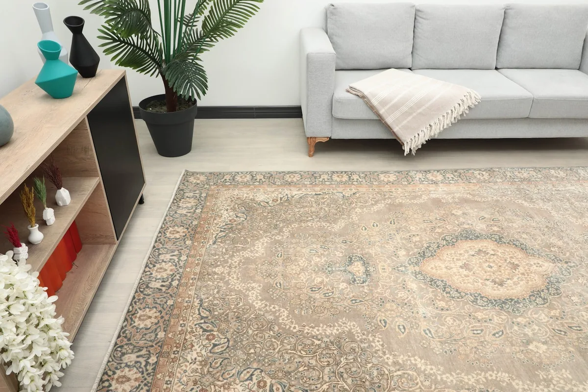 Beige vintage rug in a living room, showcasing its blend with contemporary furniture