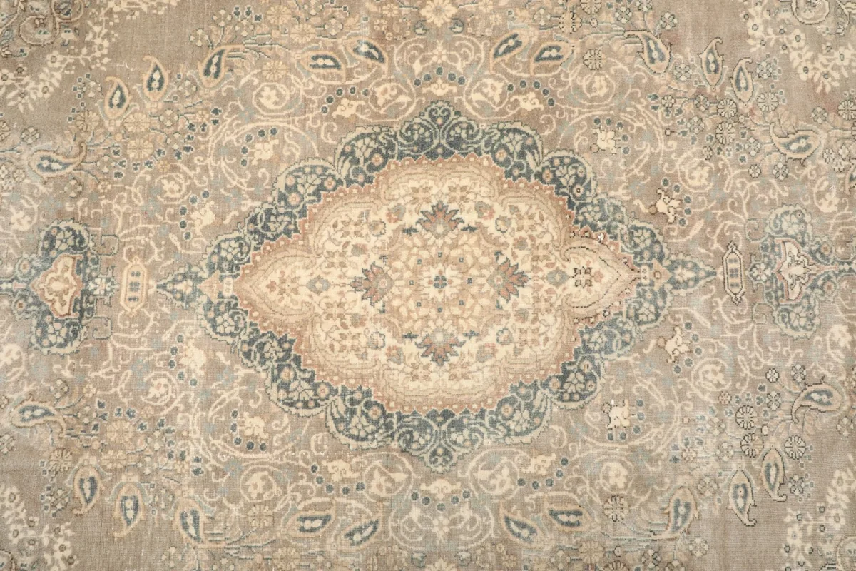 Detailed view of the central medallion with beige, blue, and rust floral elements