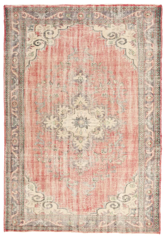 Full overhead view of the vintage Anatolian rug with a rose field and gray border
