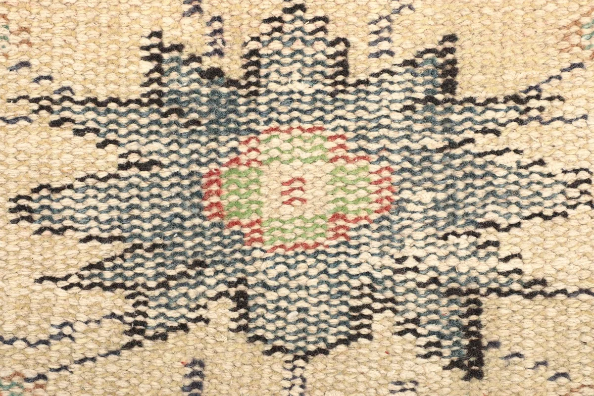 Close-up of the hand-knotted wool pile, showing knot definition and color variations