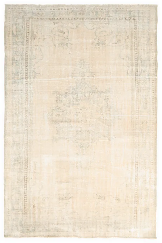 Full top view of the Faded Beige Medallion Anatolian Rug, showing its muted colors and central design.