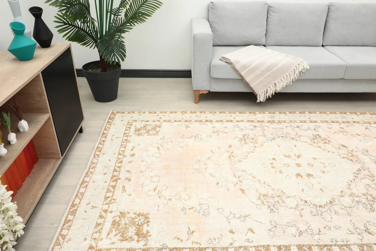 View of the Rose Tan Medallion rug in a room, highlighting the colors and texture