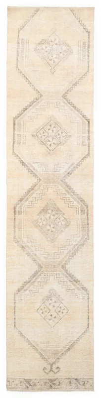 Full top view of the 2'11" x 13'3" vintage Anatolian runner with ivory and gray geometric patterns.