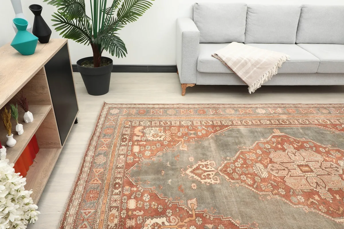 Rug from a side angle, showing its placement in a room with a sofa and plant