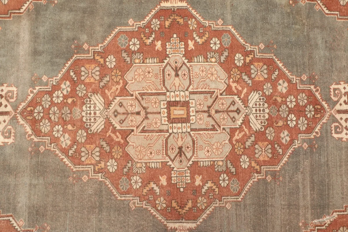 Close-up of the central medallion with geometric motifs and rust, gray, and beige colors