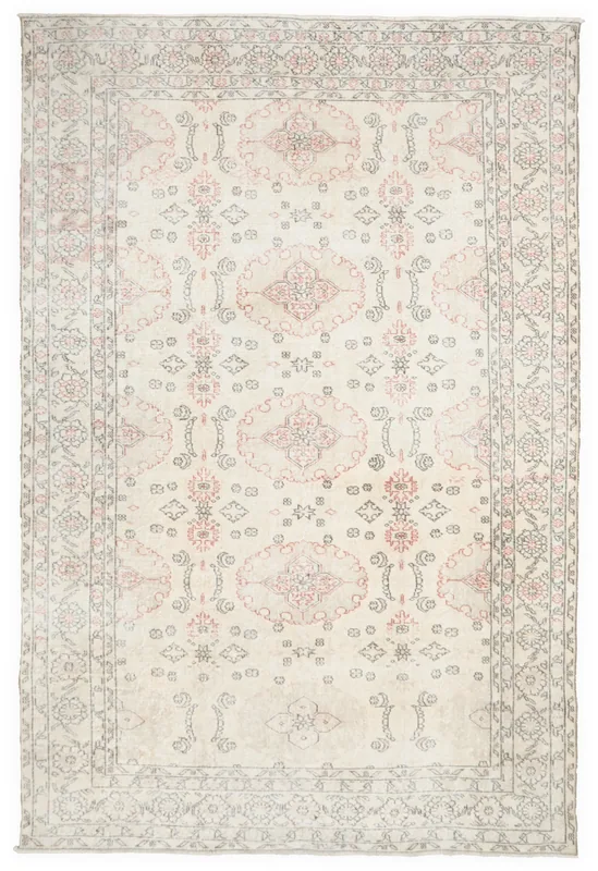 Full overhead view of the vintage Anatolian rug with ivory field, rose and gray motifs