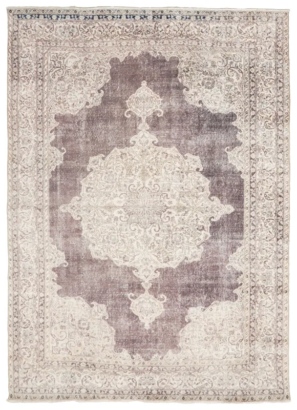 Full top view of the 7'11" x 10'10" vintage purple and ivory medallion rug on a white background.