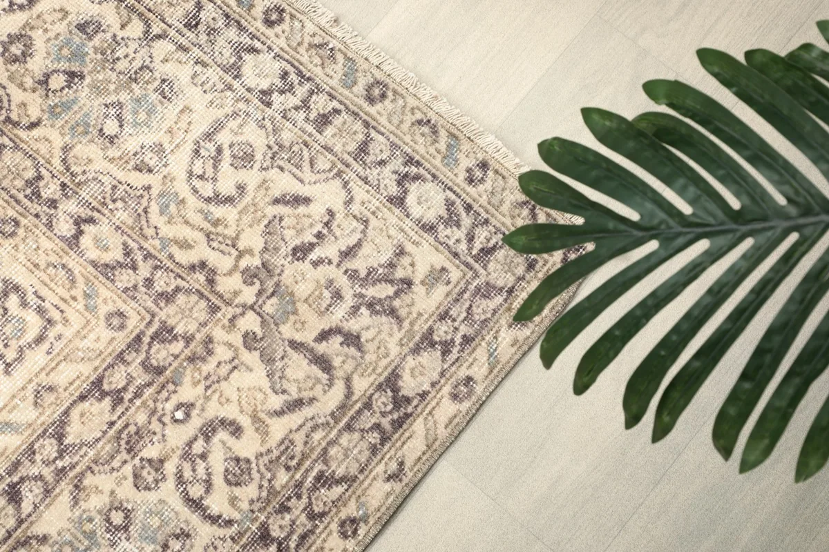 Overhead angle shot showcasing the rug's border design and the texture of the low pile.