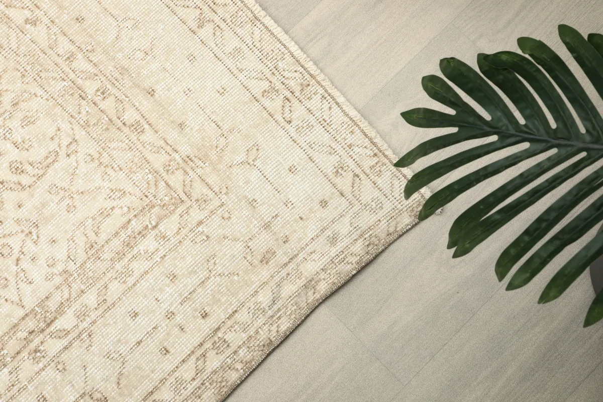 Overhead corner view of the Subtle Beige Floral Anatolian Rug with a plant, showing the pattern and border.