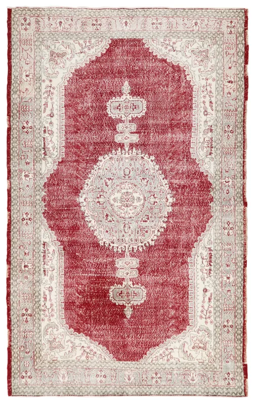 Top view of a large 7x11 vintage red Anatolian area rug with a central medallion and ivory-gray border