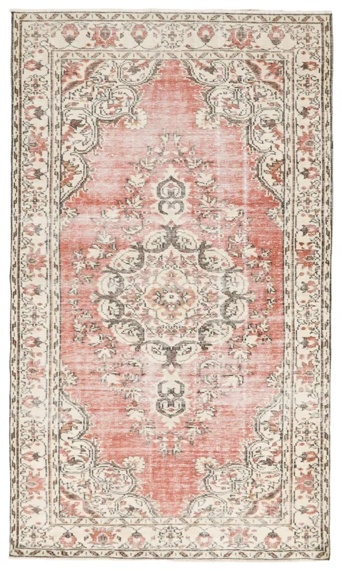 Full overhead view of the 5'3" x 9'2" rose and beige vintage Anatolian rug on a white background.