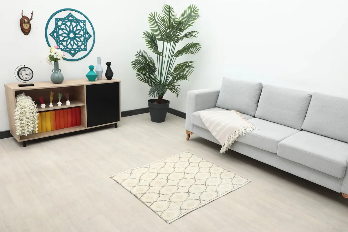 Ivory and charcoal rug in a modern living room setting with a light gray sofa