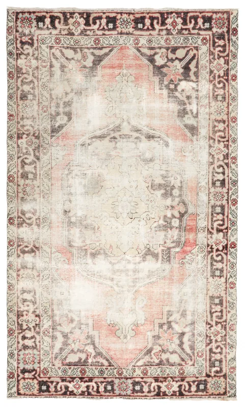 Full overhead view of the 6'4" x 10'9" vintage Anatolian rug with a rose and beige medallion
