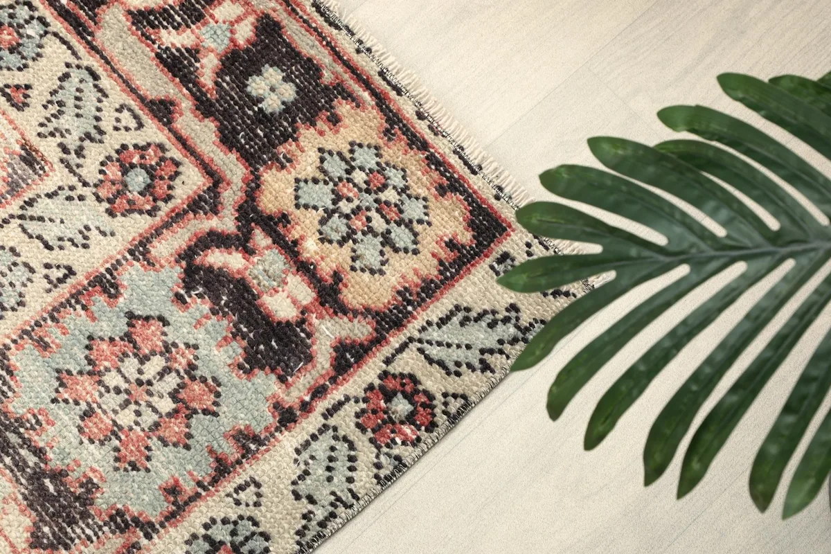 Corner detail of the rug's patterns, colors, and subtle wear next to a green leaf