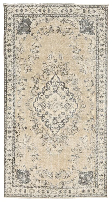 Full top view of the vintage tan and charcoal Anatolian area rug