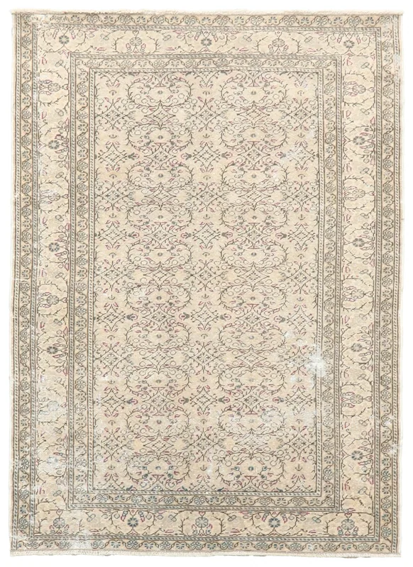Full top view of the 4x5 ivory and gray vintage Anatolian rug on a white background
