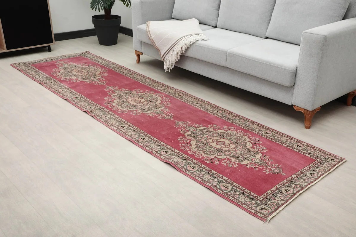 Angled view of the rose vintage runner rug in a modern living space